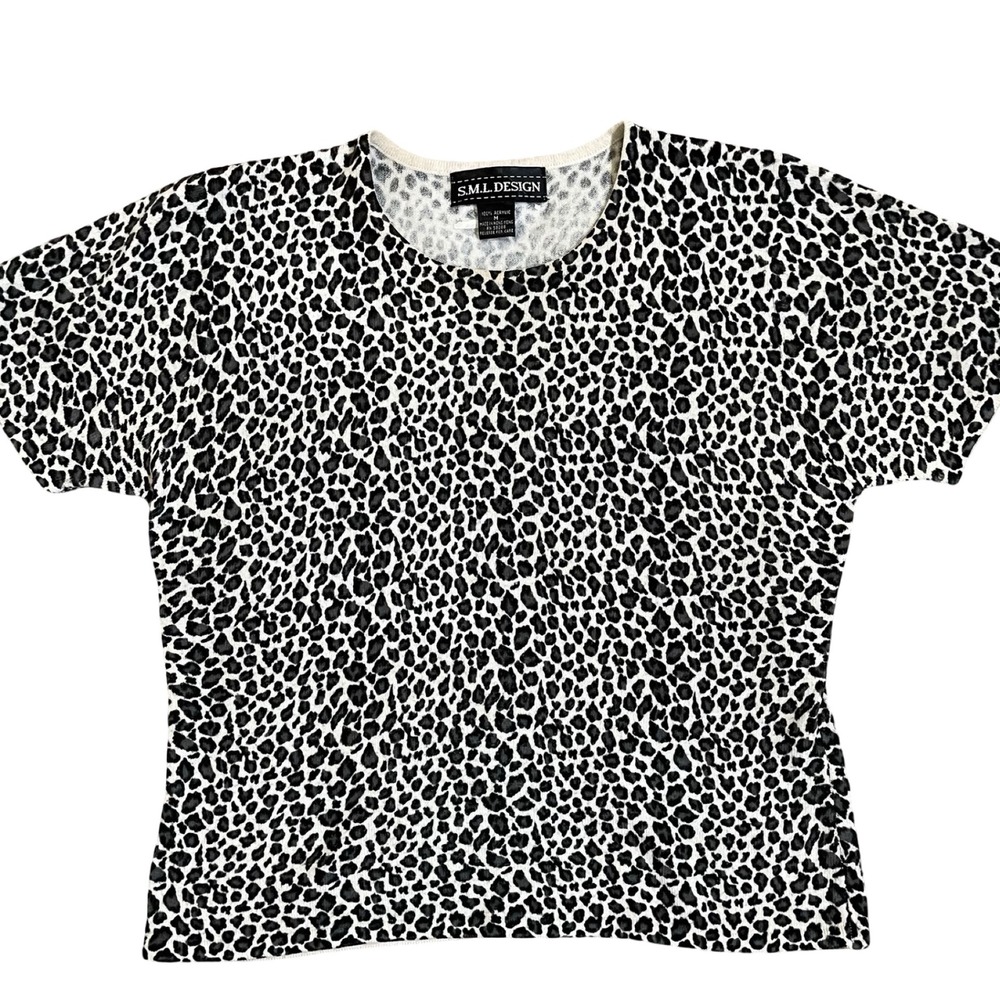 Vintage SML DESIGN Leopard Animal Print Short Sleeve Crew Neck Sweater M Y2K 90s